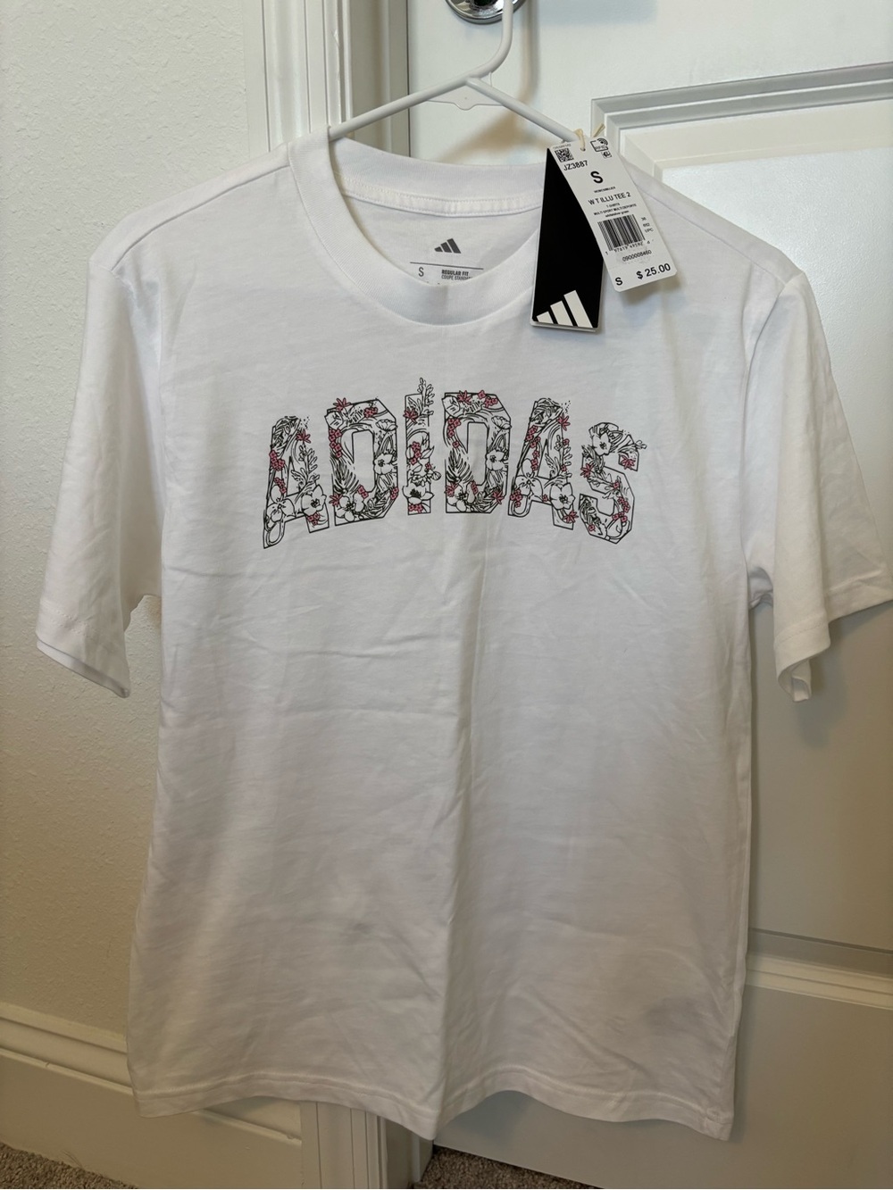 Adidas White Floral Outline Logo Short Sleeve Tee, Women’s Small